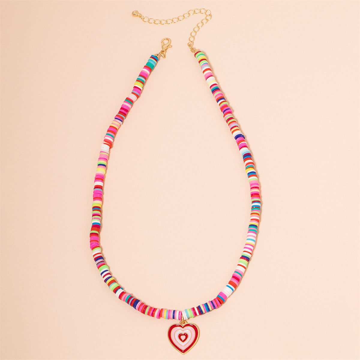 Pink and Red Enamel Polymer Clay Heart Pendant Necklace, pendant necklace for women, everyday style, detail close-up