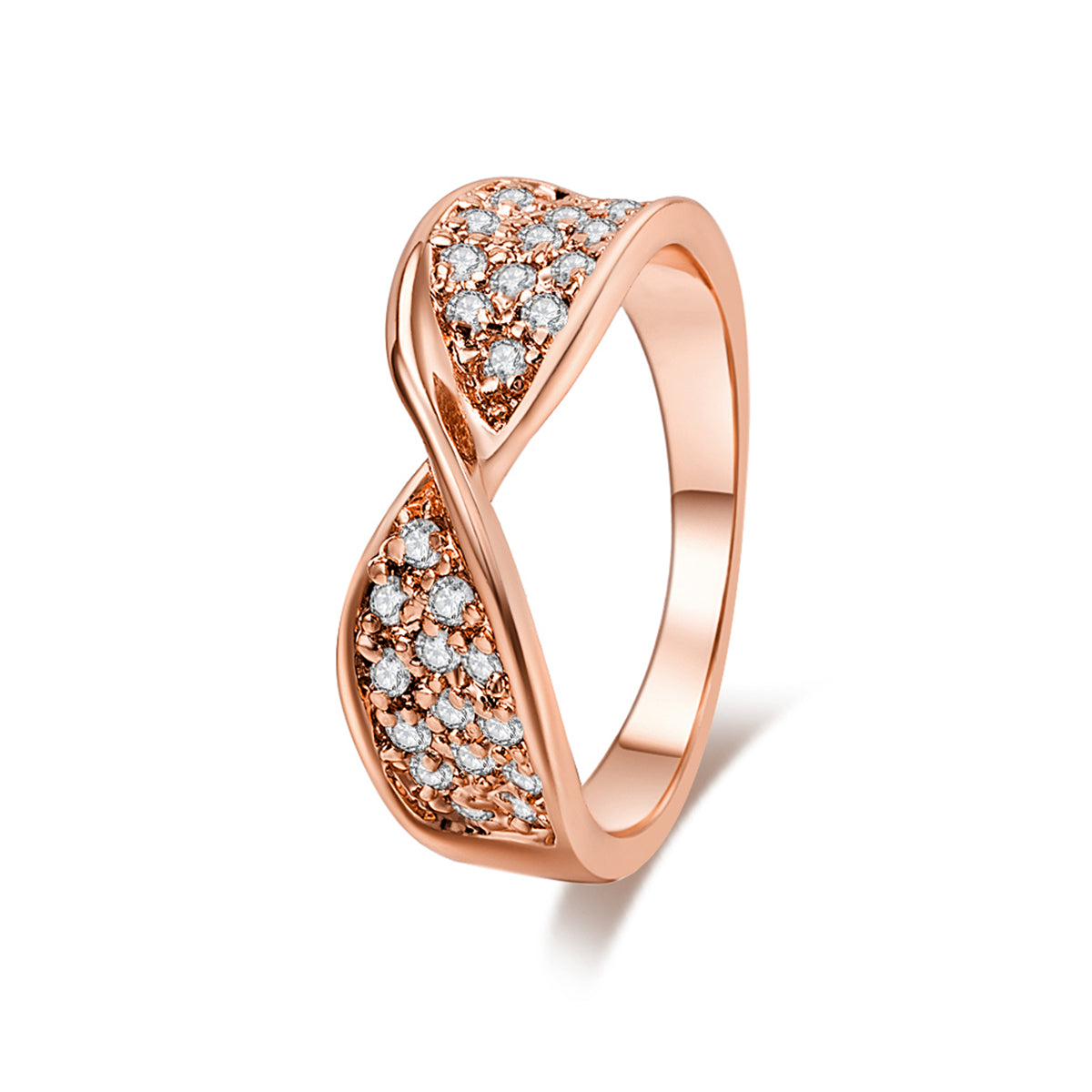 Cubic Zirconia and 18K Rose Gold-Plated Pavé Twisted Ring, rose gold statement rings for women, everyday style, front view