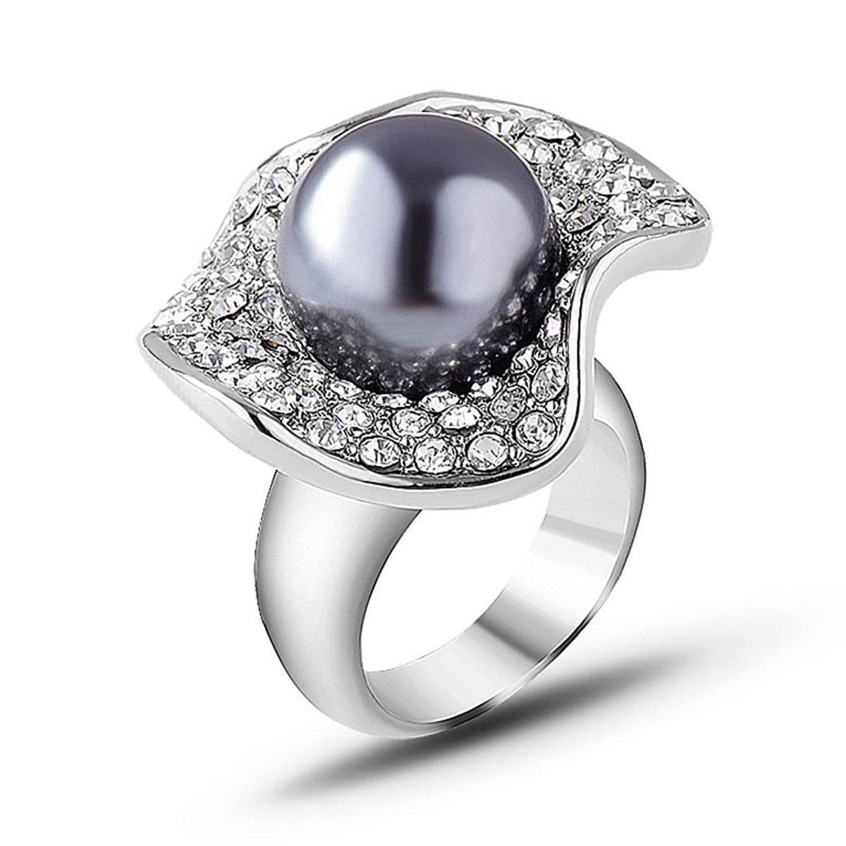 Gray Pearl & Cubic Zirconia Silver-Plated Lotus Ring