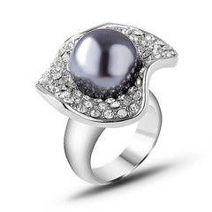 Gray Pearl & Cubic Zirconia Silver-Plated Lotus Ring