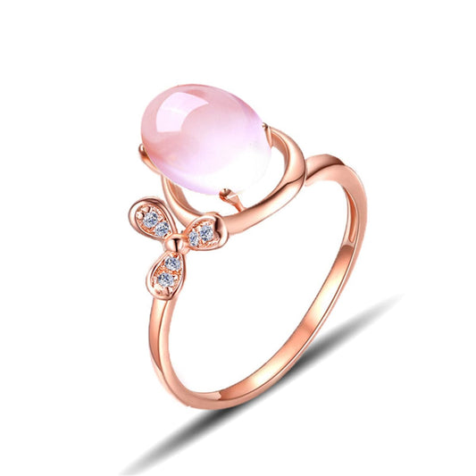 Pink Cats Eye and Cubic Zirconia Floral Adjustable Ring, statement rings for women, vintage-inspired design, front view