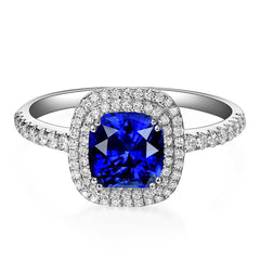 Blue Crystal & Cubic Zirconia Silver-Plated Halo Cushion-Cut Adjustable Ring