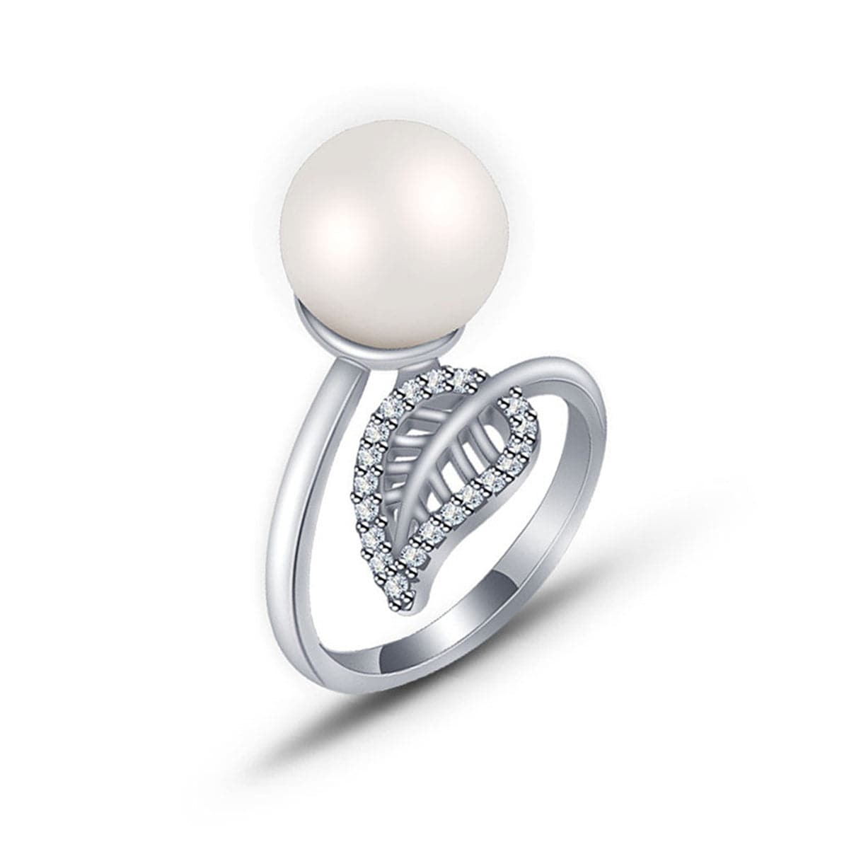 Pearl & Cubic Zirconia Silver-Plated Leaf Bypass Ring