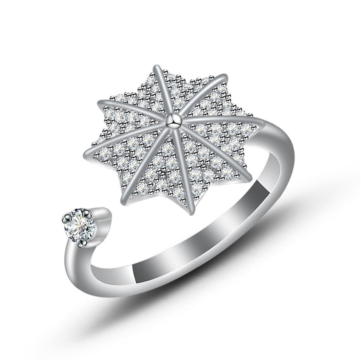 Cubic Zirconia and Silver-Plated Maple Leaf Bypass Ring, silver statement rings for women, front view