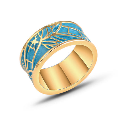 Blue Enamel and 18K Gold-Plated Branch Band Ring, gold statement rings for women, botanical inspired, front view