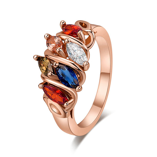 Red Multicolor Crystal and 18K Rose Gold-Plated Prong Ring, rose gold statement rings for women, everyday style, front view