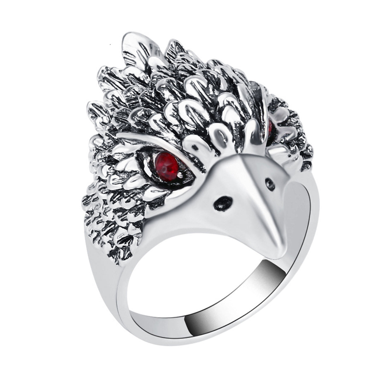 Red Cubic Zirconia & Silver-Plated Eagle Band Ring