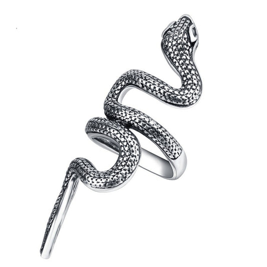 Silver-Plated Snake Band Ring, silver statement rings for women, vintage-inspired design, front view