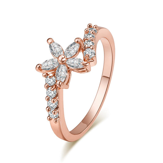 Crystal and Cubic Zirconia Clover Ring, statement rings for women, botanical inspired, front view