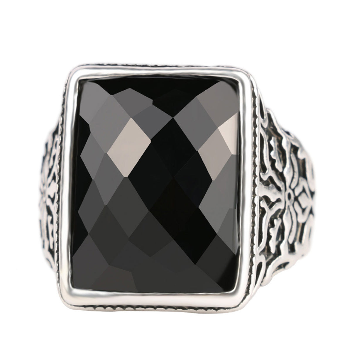 Black Rectangle Band Ring, statement rings for women, botanical inspired, front view