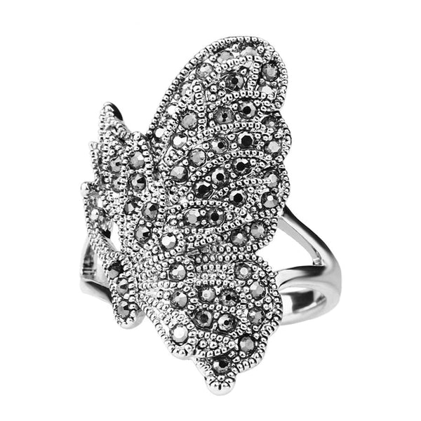 Cubic Zirconia & Silvertone Butterfly Band Ring
