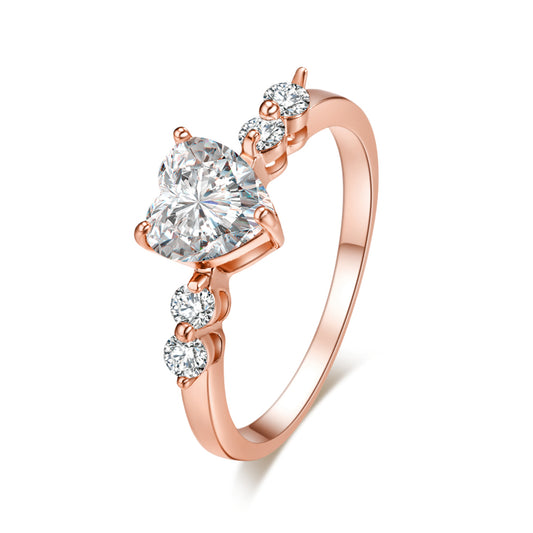 Cubic Zirconia and 18K Rose Gold-Plated Central Heart Ring, rose gold statement rings for women, front view