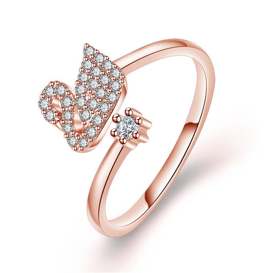 Cubic Zirconia and 18K Rose Gold-Plated Swan Bypass Ring, rose gold statement rings for women, botanical inspired, front view