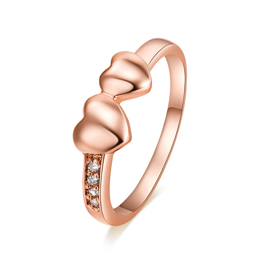 Cubic Zirconia and 18K Rose Gold-Plated Double Heart Ring, rose gold statement rings for women, front view