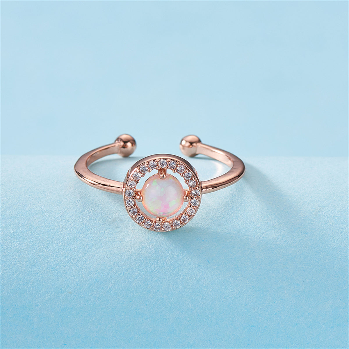 Opal and Cubic Zirconia 18K Rose Gold-Plated Hola Open Ring, rose gold statement rings for women, detail close-up