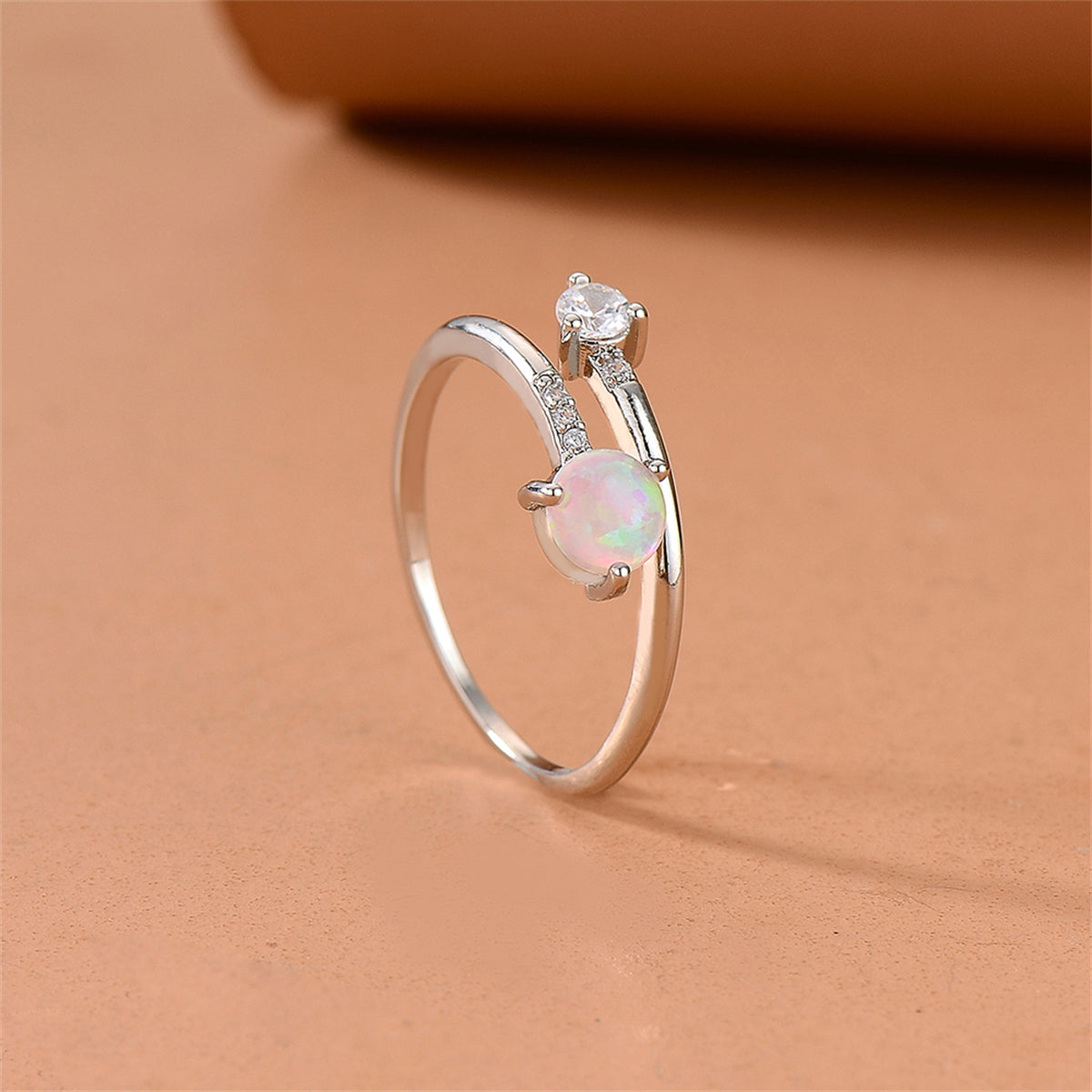 Opal and Cubic Zirconia Bypass Ring, statement rings for women, dainty minimalist design, detail close-up