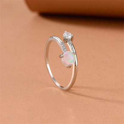 Opal and Cubic Zirconia Bypass Ring, statement rings for women, dainty minimalist design, detail close-up