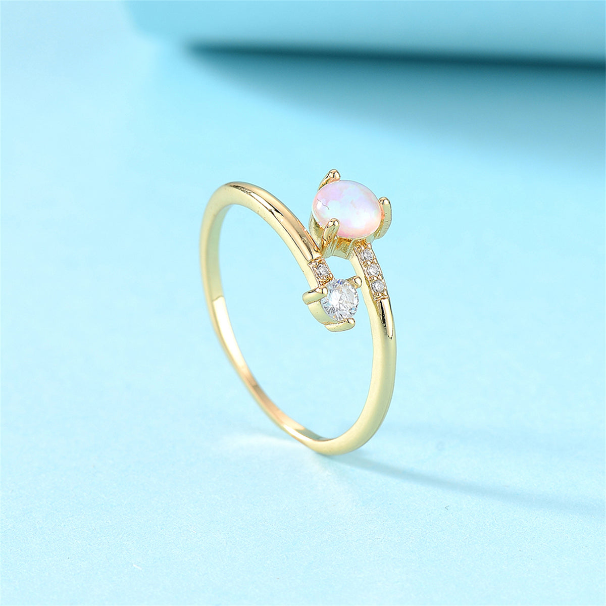 Opal and Cubic Zirconia 18K Gold-Plated Bypass Ring, gold statement rings for women, botanical inspired, side view