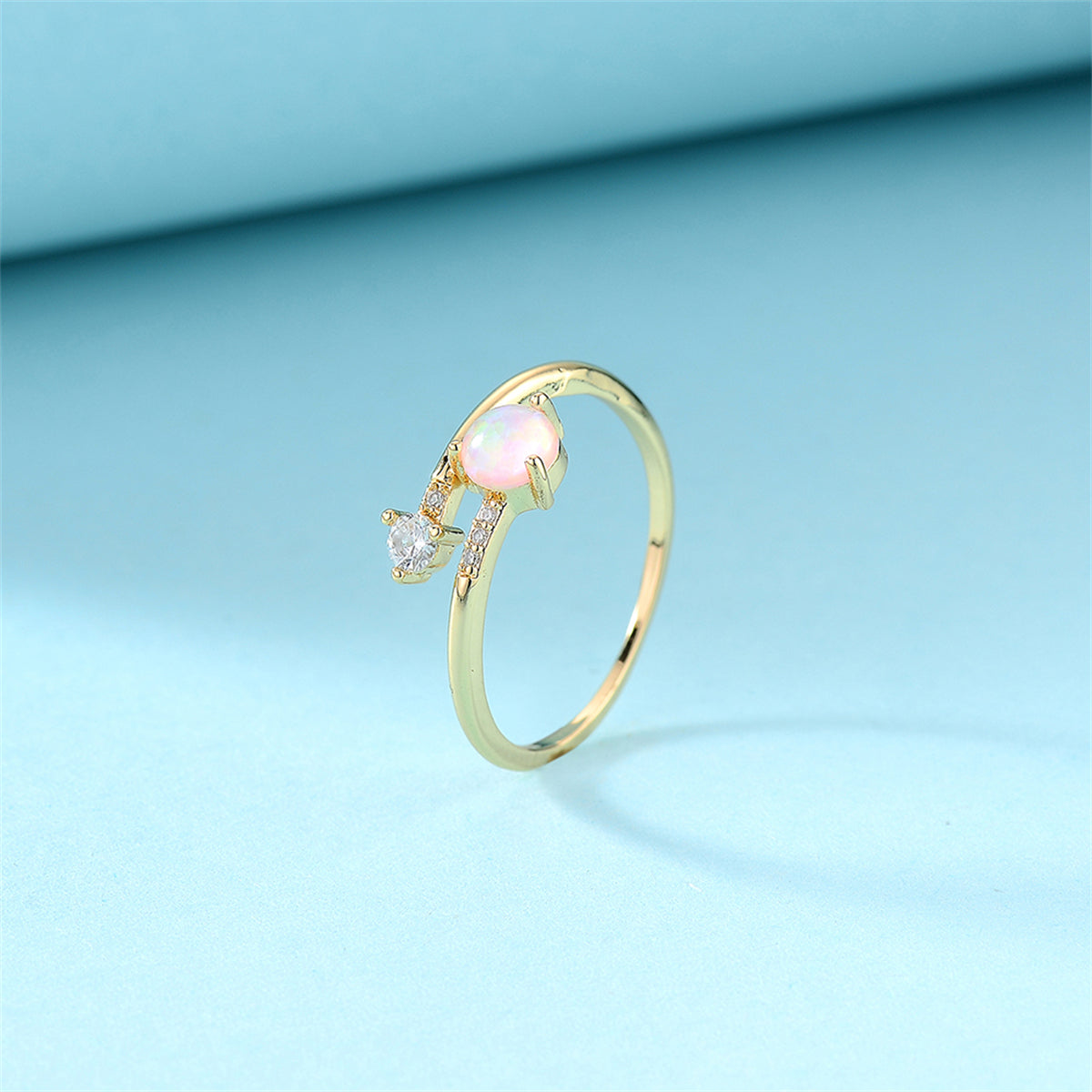 Opal and Cubic Zirconia 18K Gold-Plated Bypass Ring, gold statement rings for women, botanical inspired, detail close-up