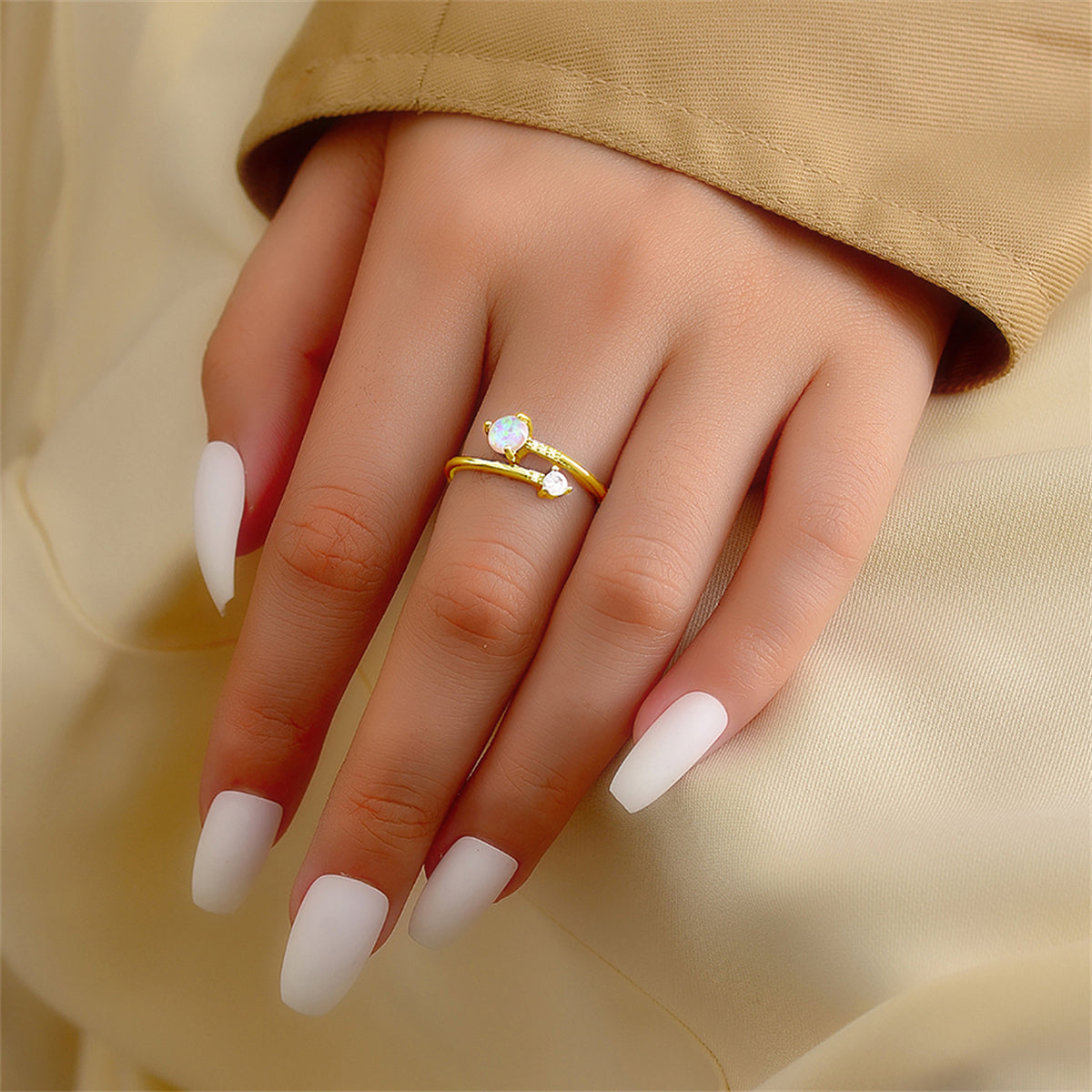 Opal and Cubic Zirconia 18K Gold-Plated Bypass Ring, gold statement rings for women, botanical inspired, lifestyle look