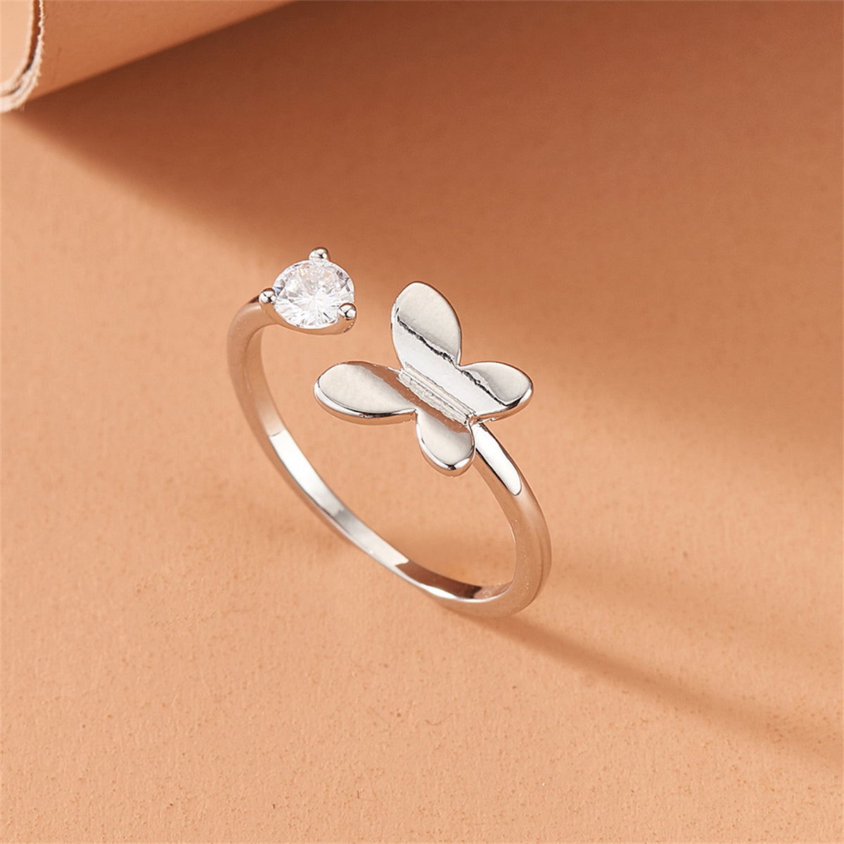 Cubic Zirconia and Silver-Plated Butterfly Open Ring, silver statement rings for women, everyday style, front view