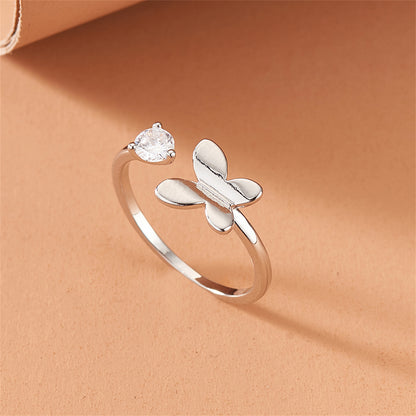 Cubic Zirconia and Silver-Plated Butterfly Open Ring, silver statement rings for women, everyday style, front view