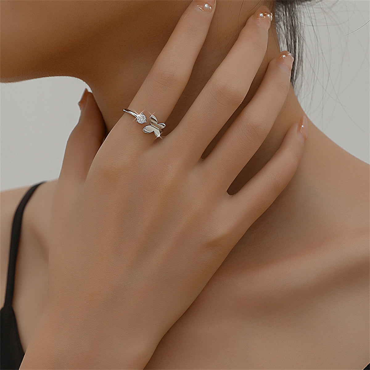Cubic Zirconia & Silver-Plated Butterfly Open Ring