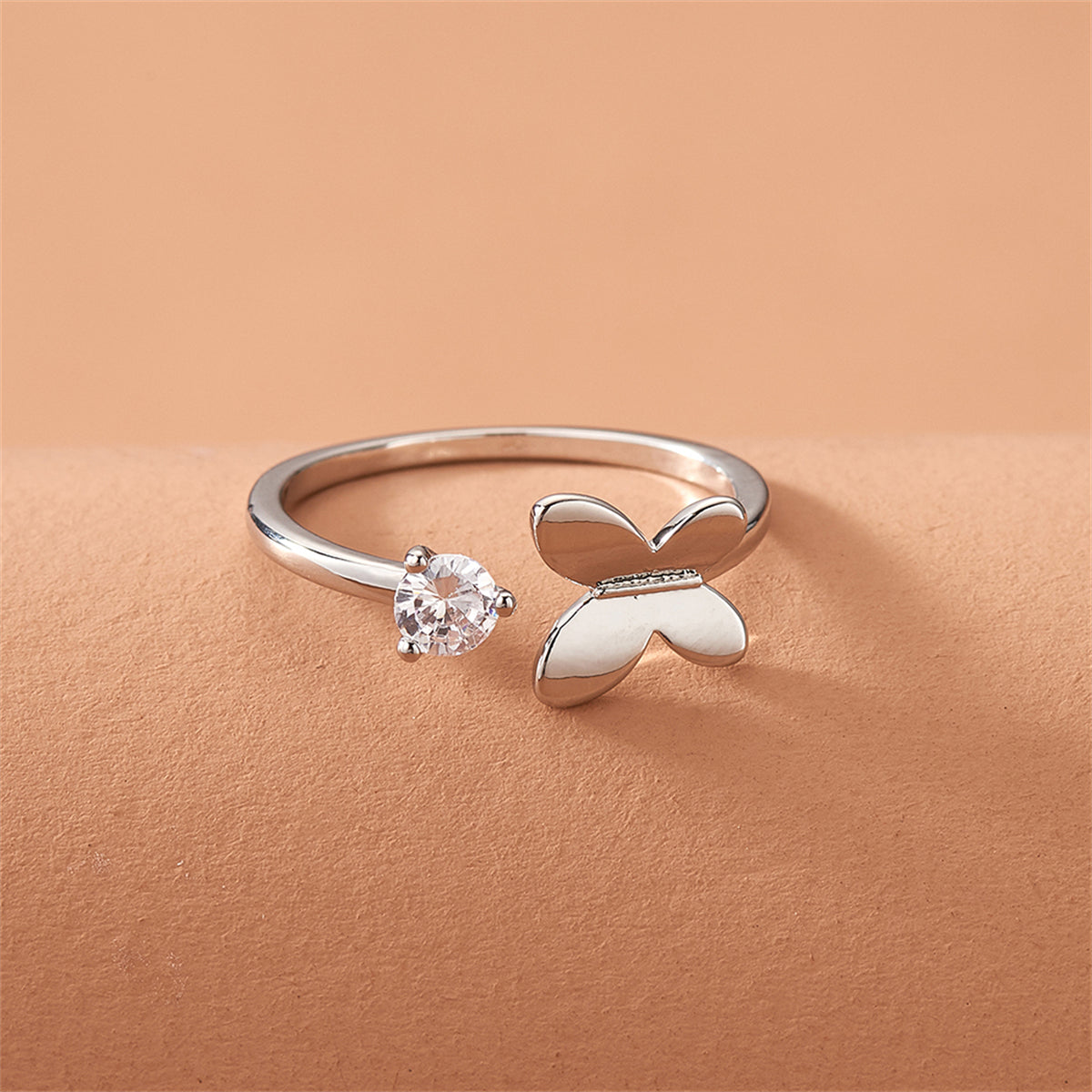 Cubic Zirconia and Silver-Plated Butterfly Open Ring, silver statement rings for women, everyday style, side view