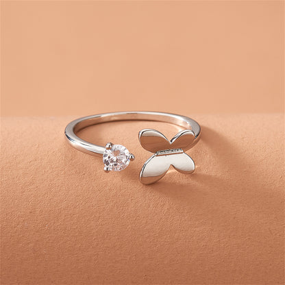 Cubic Zirconia and Silver-Plated Butterfly Open Ring, silver statement rings for women, everyday style, side view