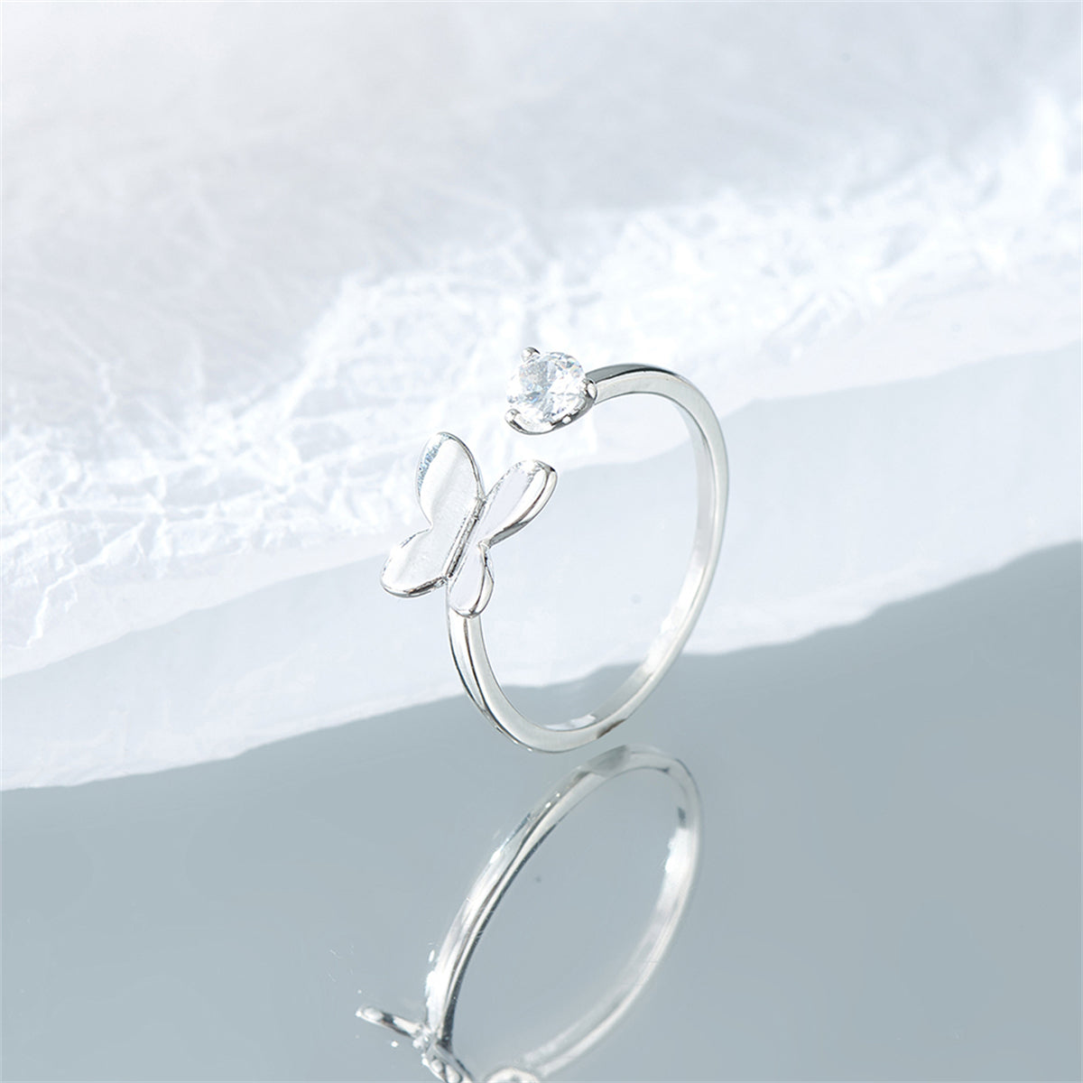 Cubic Zirconia and Silver-Plated Butterfly Open Ring, silver statement rings for women, everyday style, detail close-up