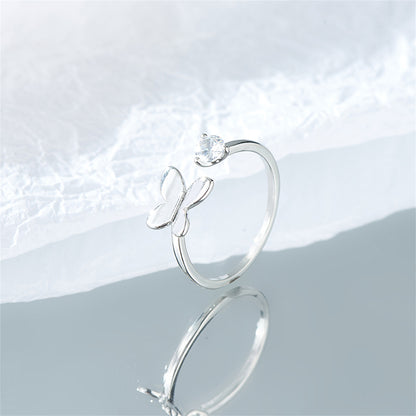 Cubic Zirconia and Silver-Plated Butterfly Open Ring, silver statement rings for women, everyday style, detail close-up