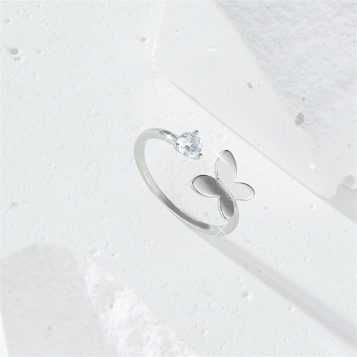 Cubic Zirconia & Silver-Plated Butterfly Open Ring