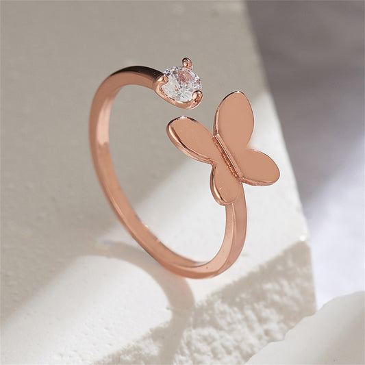 Cubic Zirconia and 18K Rose Gold-Plated Butterfly Bypass Ring, rose gold statement rings for women, front view