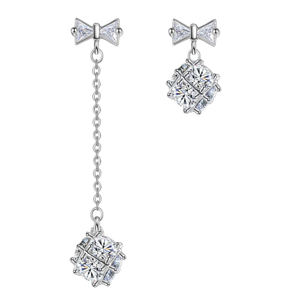 Cubic Zirconia & Silver-Plated Bow Asymmetrical Drop Earrings