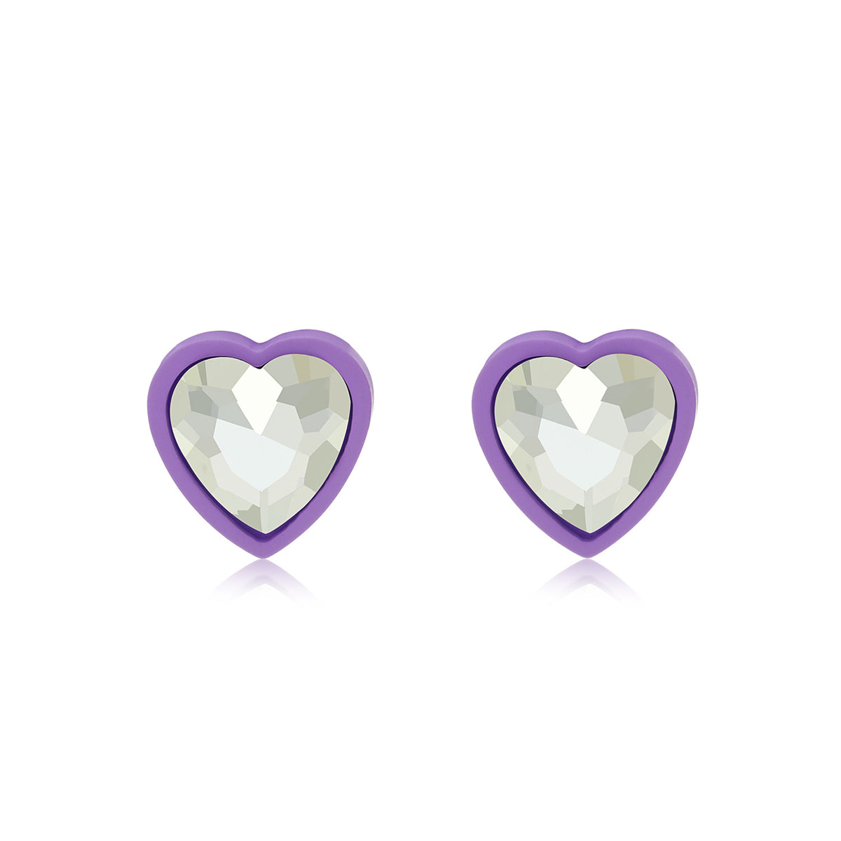 Purple and Crystal Heart Stud Earrings, stud earrings for women, botanical inspired, front view