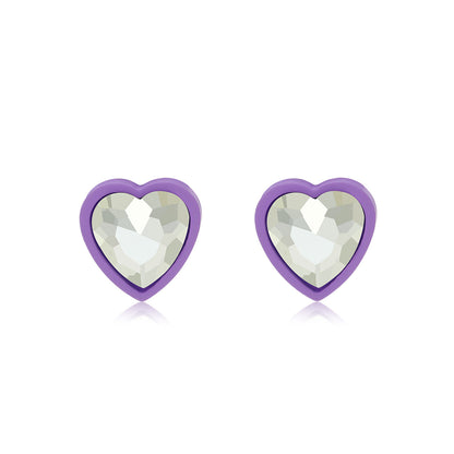 Purple and Crystal Heart Stud Earrings, stud earrings for women, botanical inspired, front view