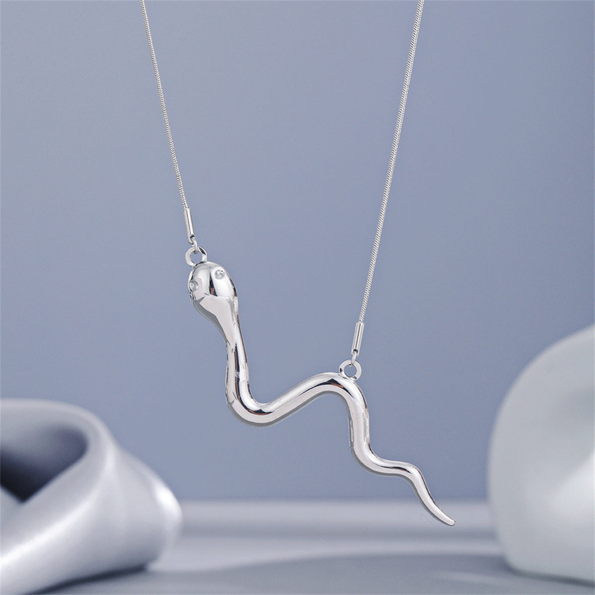 Stainless Steel Snake Bar Necklace, stainless steel pendant necklace for women, dainty minimalist design, detail close-up
