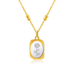 Two-Tone Rose Oval Pendant Necklace