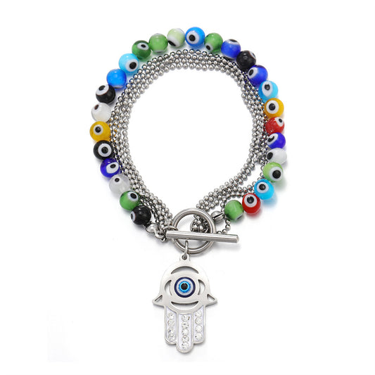 Blue and Green Cubic Zirconia-Accent Hamsa Charm Bracelet, bracelet for women, vintage-inspired design, front view