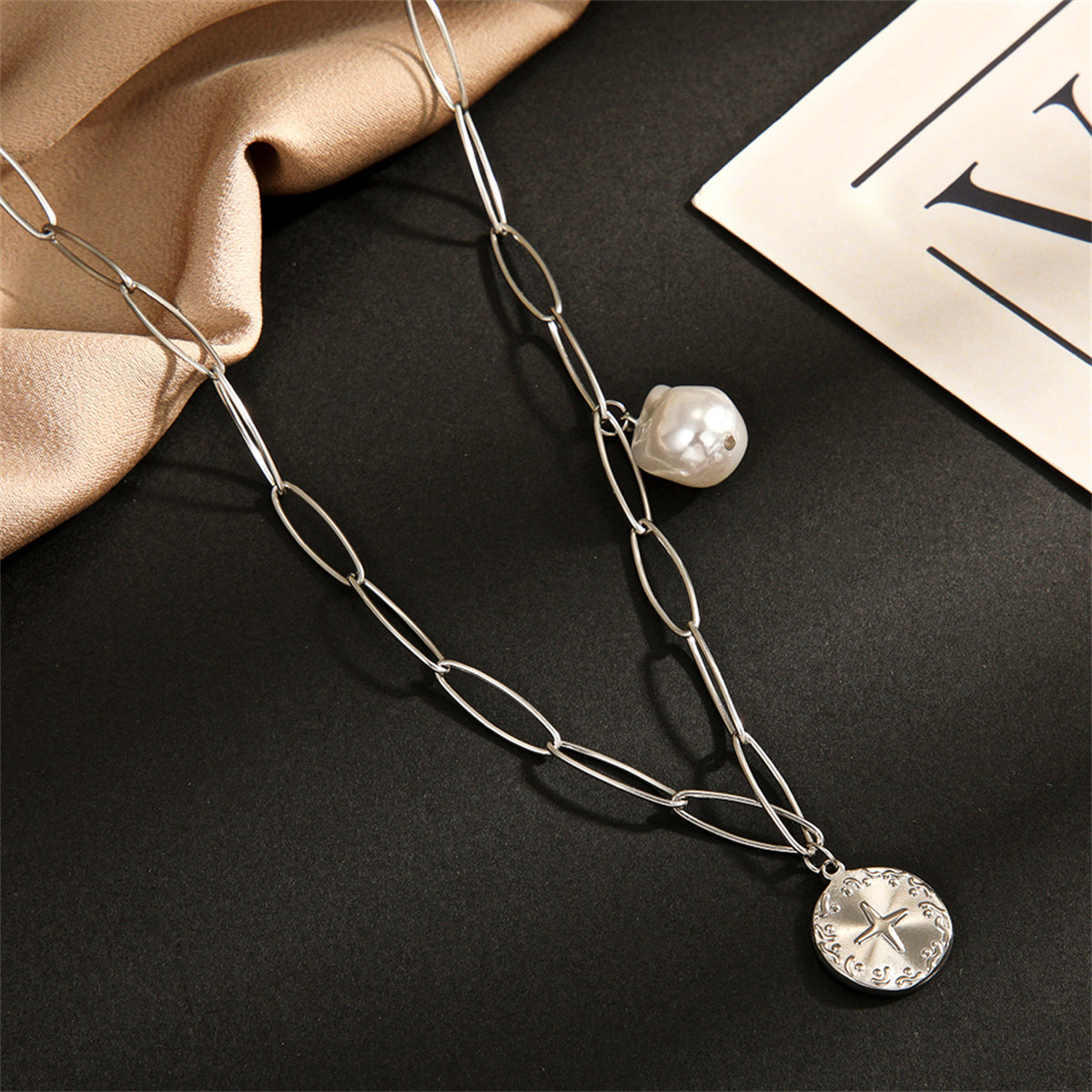Pearl and Silver-Plated Cross Coin Pendant Necklace, silver pendant necklace for women, botanical inspired, detail close-up