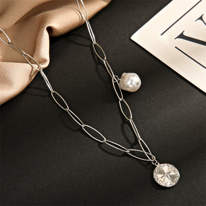 Pearl and Silver-Plated Cross Coin Pendant Necklace, silver pendant necklace for women, botanical inspired, detail close-up