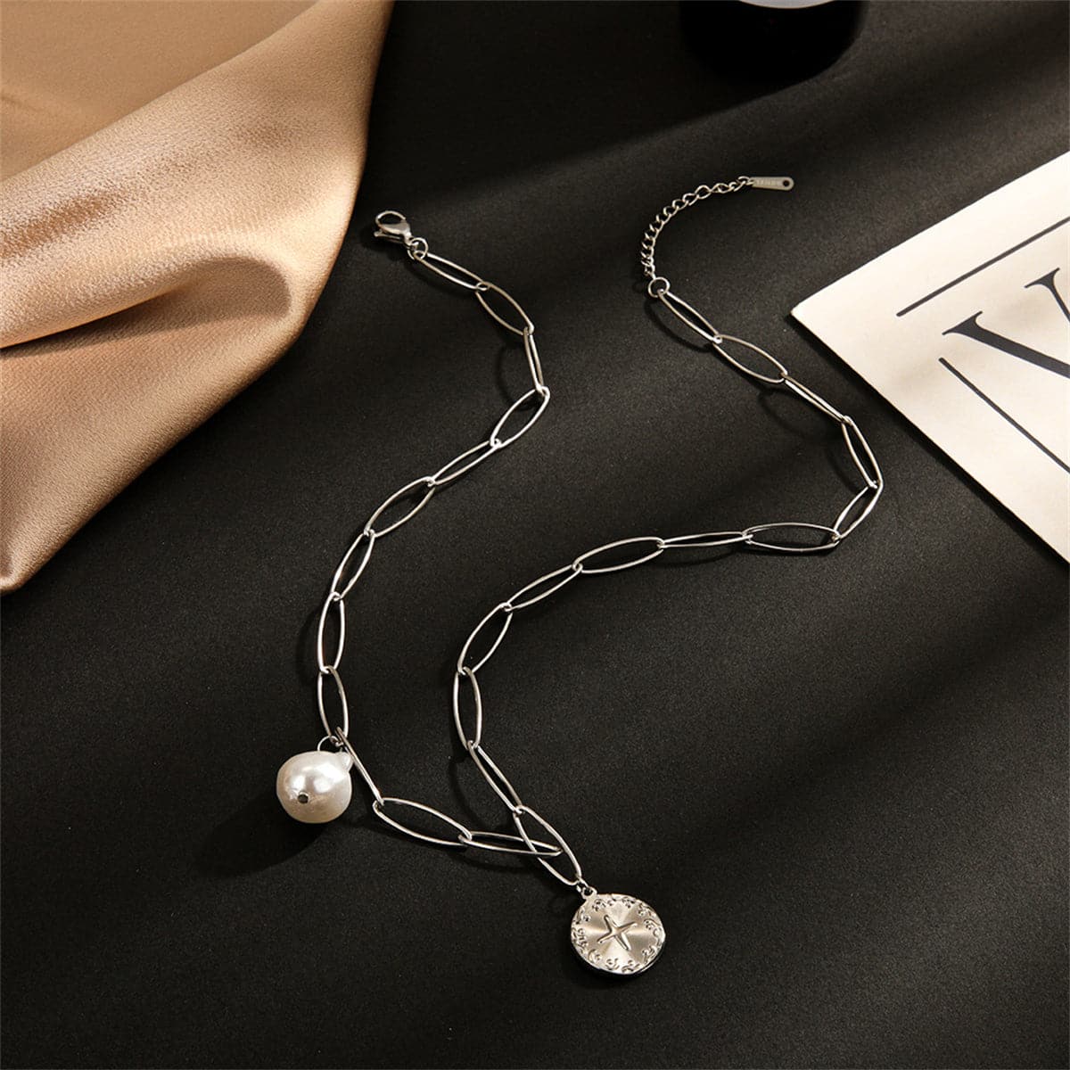 Pearl and Silver-Plated Cross Coin Pendant Necklace, silver pendant necklace for women, botanical inspired, side view