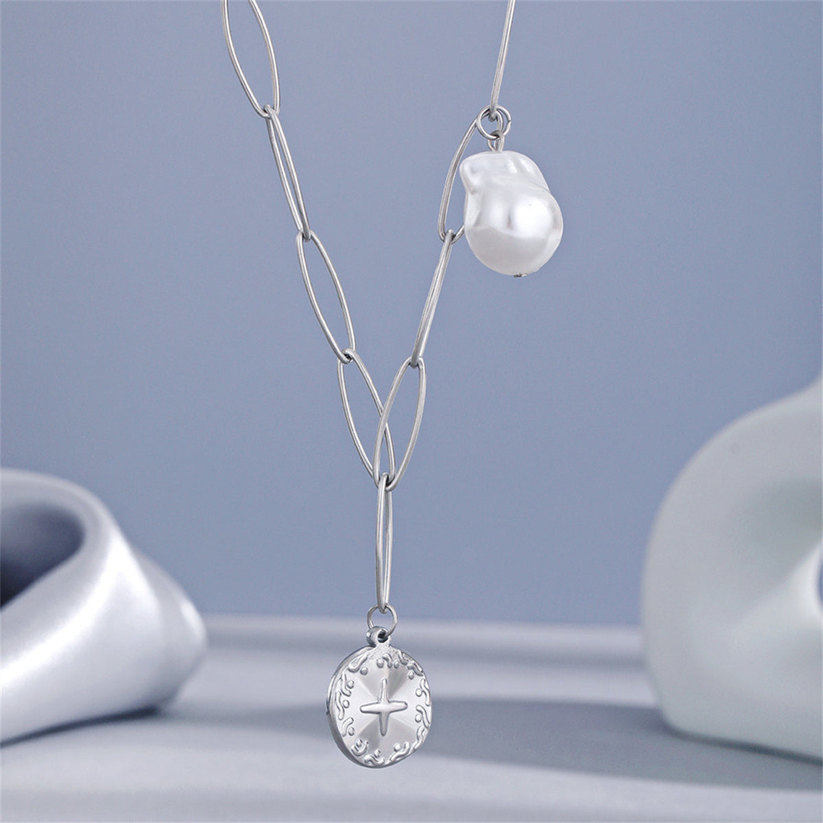 Pearl and Silver-Plated Cross Coin Pendant Necklace, silver pendant necklace for women, botanical inspired, styled look