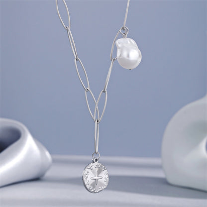 Pearl and Silver-Plated Cross Coin Pendant Necklace, silver pendant necklace for women, botanical inspired, styled look