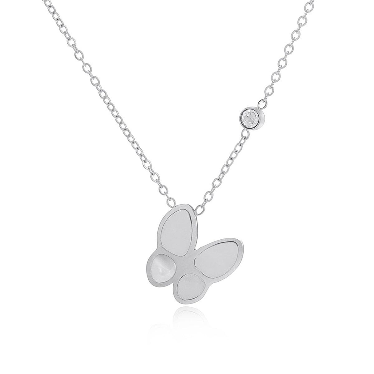 Cubic Zirconia and Stainless Steel Butterfly Pendant Necklace, stainless steel pendant necklace for women, front view