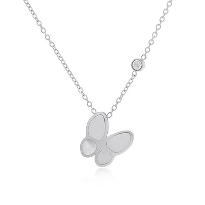 Cubic Zirconia and Stainless Steel Butterfly Pendant Necklace, stainless steel pendant necklace for women, front view