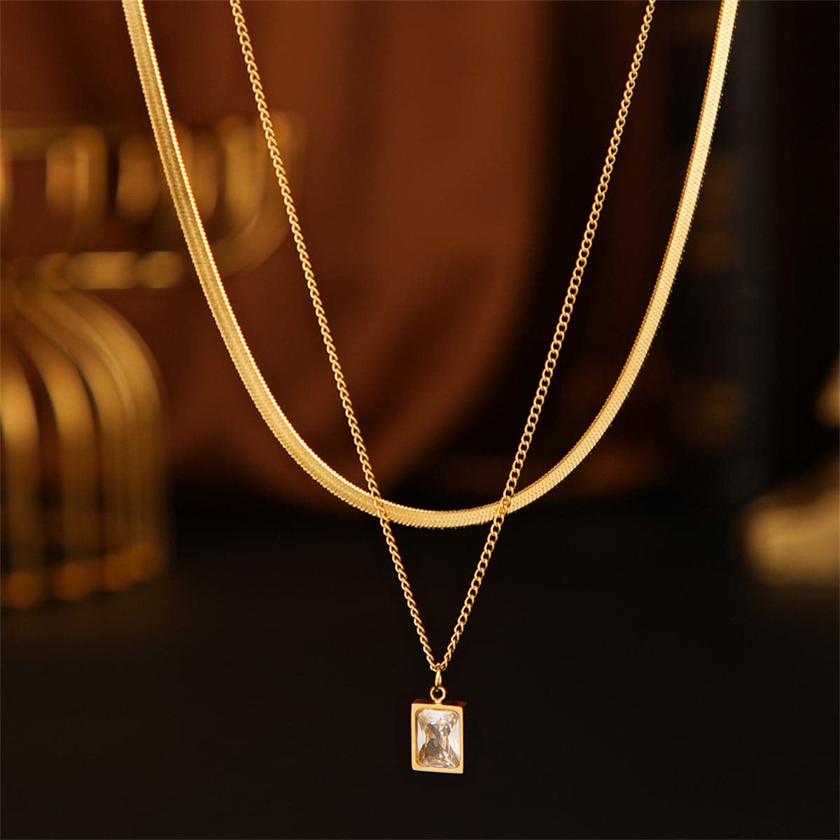 Clear Crystal & 18K Gold-Plated Snake Chain Layered Pendant Necklace
