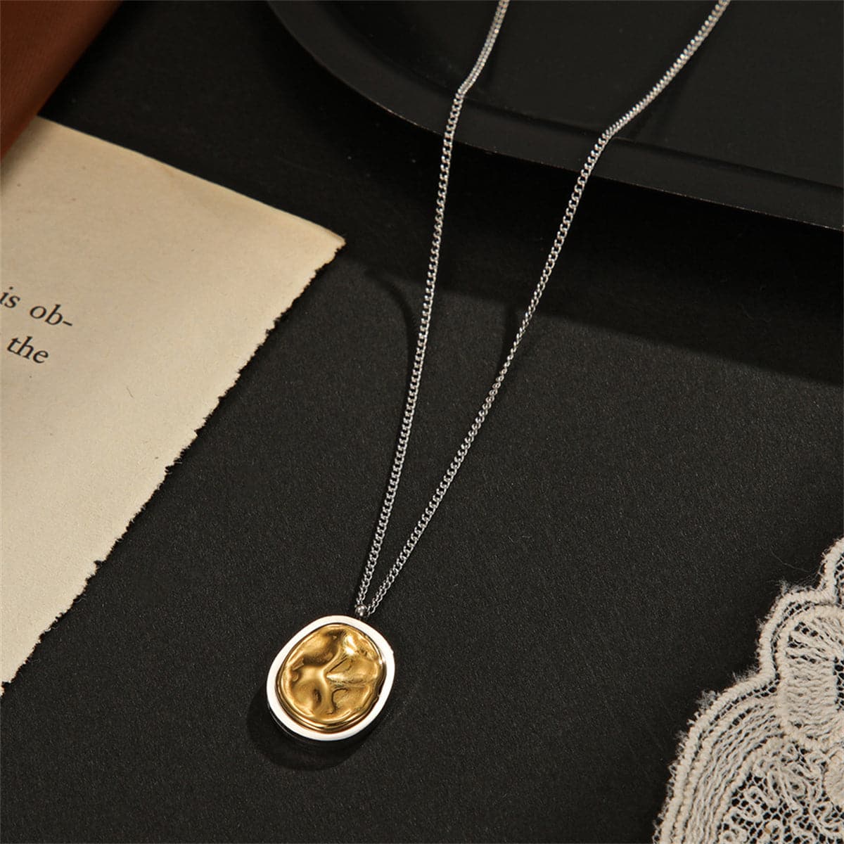 Two-Tone Oval Pendant Necklace, pendant necklace for women, vintage-inspired design, side view