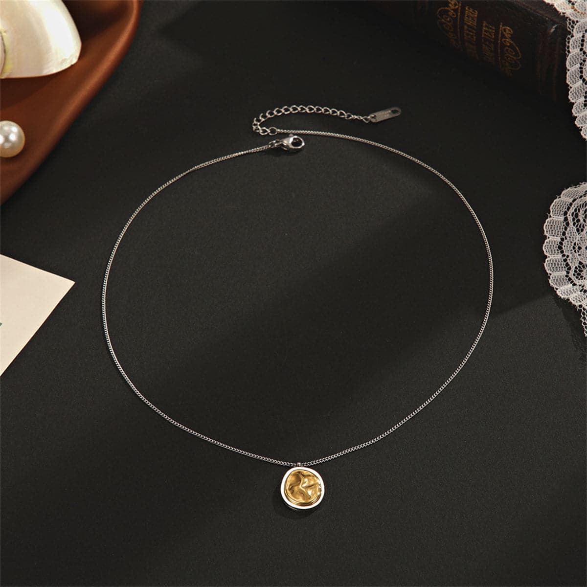 Two-Tone Oval Pendant Necklace, pendant necklace for women, vintage-inspired design, styled look