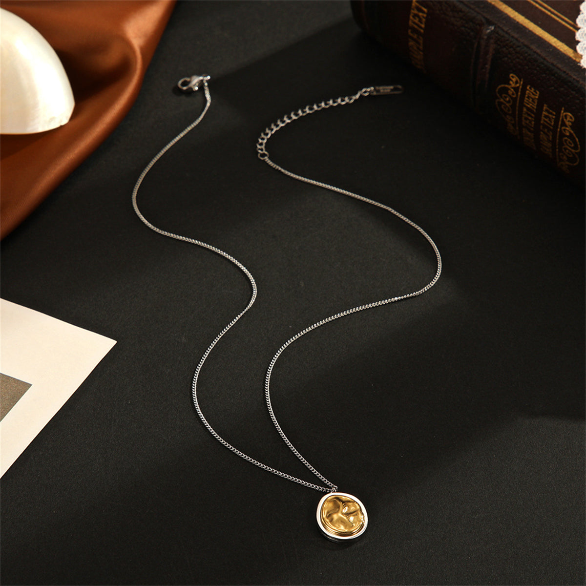 Two-Tone Oval Pendant Necklace, pendant necklace for women, vintage-inspired design, lifestyle look